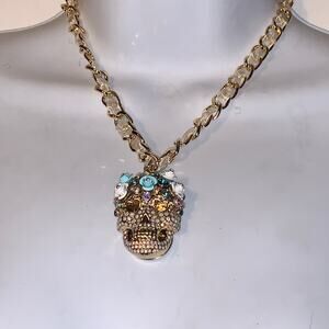 Betsey Johnson Ribbon Chain Collar Choker Crystal Pave Sugar Rose Skull Necklace